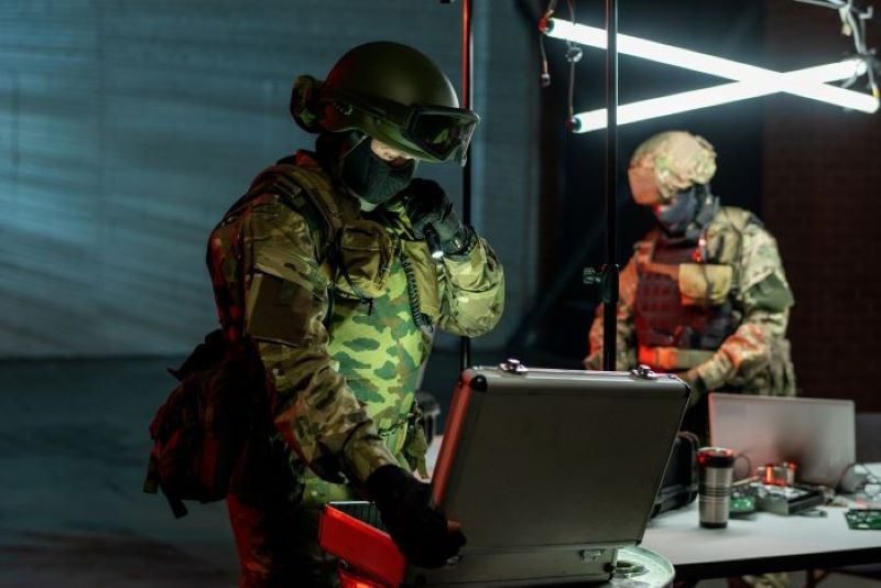 Army man stares at strong computer