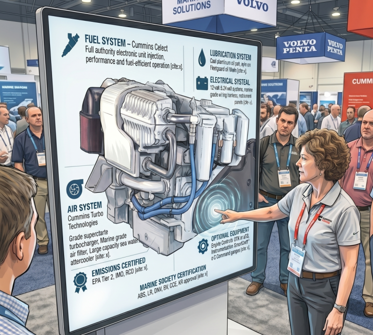 people pointing at engine in trade show